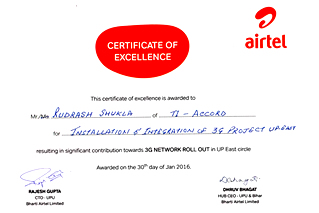 CERTIFICATE OF EXCELLENCE AWARD, 2016 FROM AIRTEL